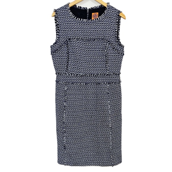 Tory Burch Petula Dress Blue Tweed‎ Sheath Sleeveless Fringe Women’s Sz 12 NWOT - Picture 1 of 5